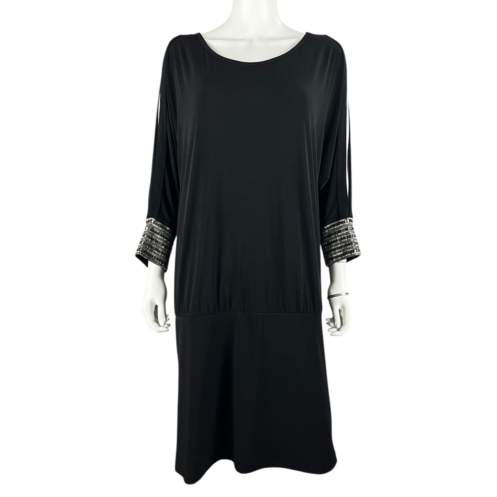 Moda International Dress Womens XL Black‎ Open Back Slit Sleeve Stretch Party
